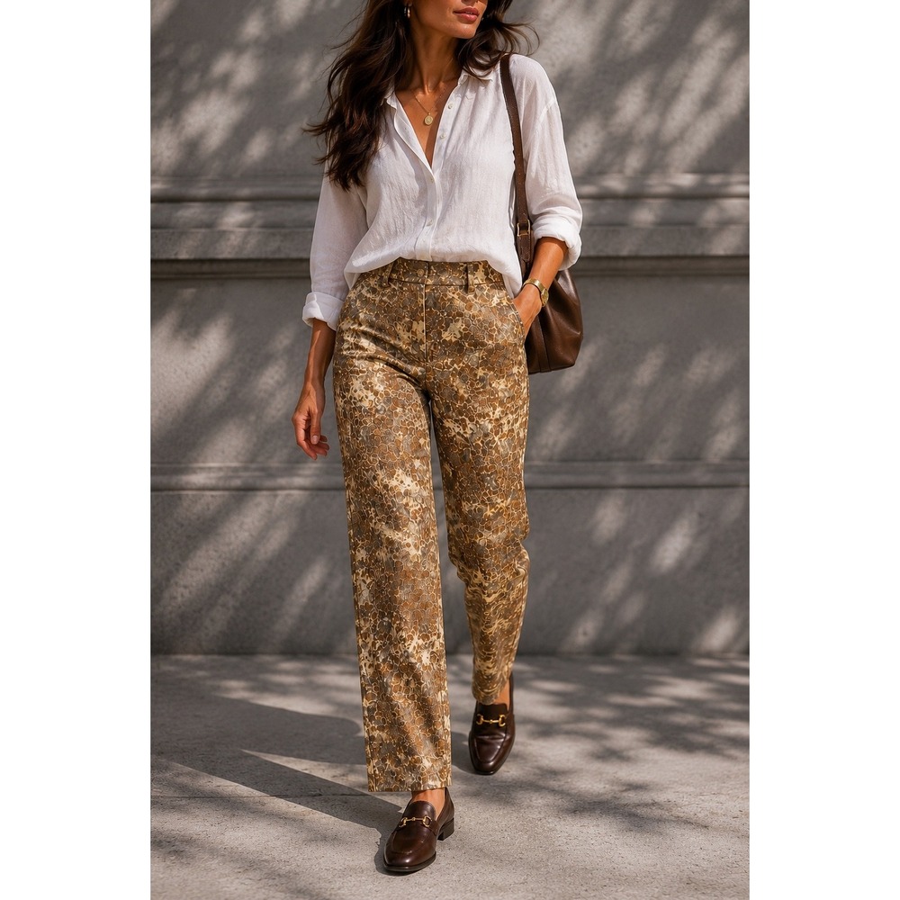 Antonio Melani Womens Brown Metallic Wool Blend Jacquard Straight Leg Pants Sz 4